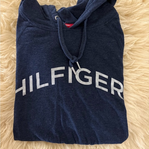 Tommy Hilfiger Navy Athletic Hoodie Tee Top with White Logo - Picture 6 of 6